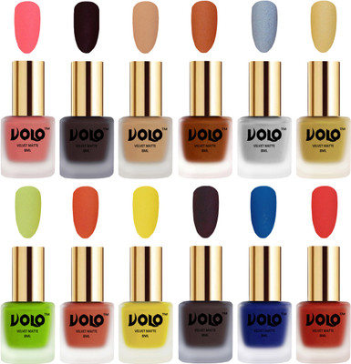 

Volo Velvet Dull Matte Bold Colors Nail Polish Combo in Wholesale Rate Dark Peach, Dark Wine, Skin Nude, Metallic Coral, Metallic Silver, Metallic Golden, Parrot Green, Orange, Yellow, Dark Coffee, Blue, Coral(Pack of 12)