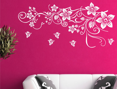 Heaven Decor1 59 cm Decors Flower With Vine White Wall Sticker Self Adhesive Sticker(Pack of 1)