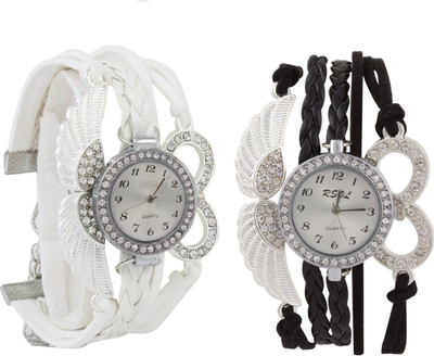 

COSMIC SET OF 2 white and black RSOL Angel's Wings Lucky Charm Bracelet Silver Diamond Studded DIVA GLEAM GLORIOUS women wedding collection Watch - For Girls