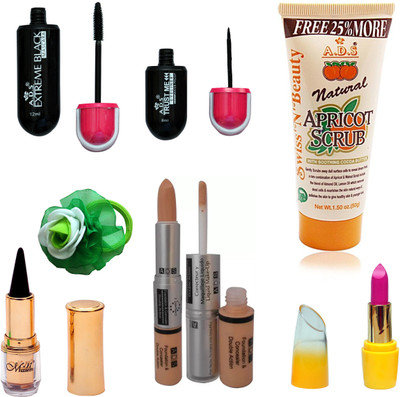

ADS Eyeliner, Mascara, Scrub, Kajal, Lipstic, Foundation & Concealer Double Action and Green band(Set of 7)