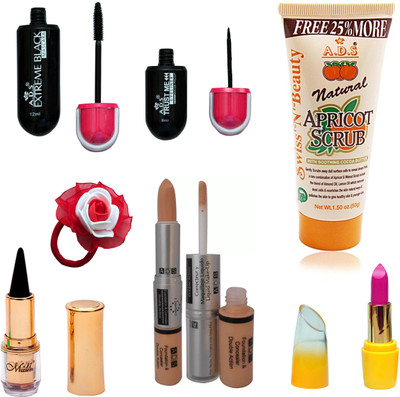 

ADS Eyeliner, Mascara, Scrub, Kajal, Lipstic, Foundation & Concealer Double Action and Red band(Set of 7)