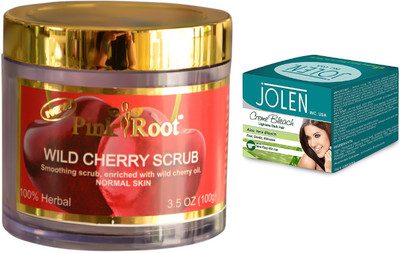 Pink Root Wild Cherry Scrub 100gm and JOLEN Aloe Vera Bleach Crème 18g(Set of 2)