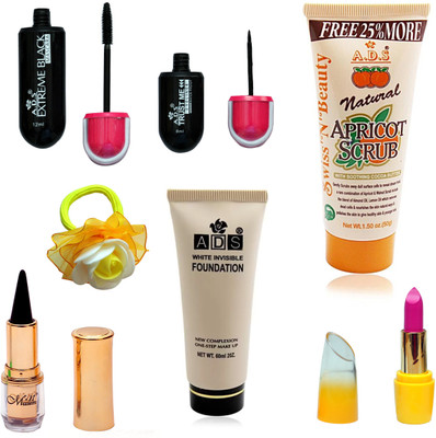 

ADS Eyeliner, Mascara, Scrub, Kajal, Lipstic, Foundation and Yellow band(Set of 7)