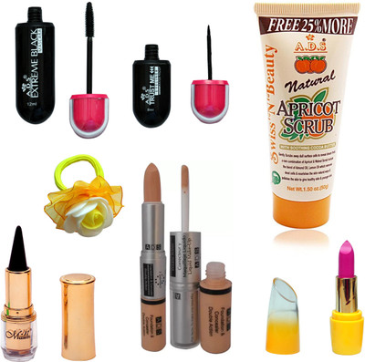 

ADS Eyeliner, Mascara, Scrub, Kajal, Lipstic, Foundation & Concealer Double Action and Yellow band(Set of 7)