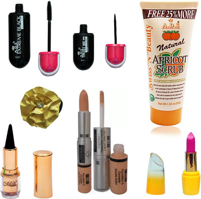 

ADS Eyeliner, Mascara, Scrub, Kajal, Lipstic, Foundation & Concealer Double Action and Golden band(Set of 7)