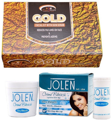 

Pink Root Mix Fruit Facial Kit 83gm and JOLEN Oxy Bleach Crème 35g(Set of 2)