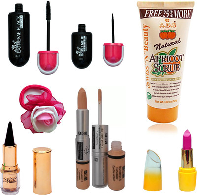 

ADS Eyeliner, Mascara, Scrub, Kajal, Lipstic, Foundation & Concealer Double Action and Pink band(Set of 7)