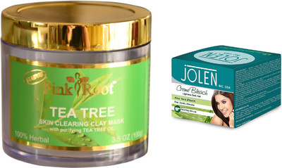 

Pink Root Tea Tree Skin Clearing Clay Mask 100gm and JOLEN Aloe Vera Bleach Crème 18g(Set of 2)