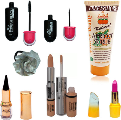 

ADS Eyeliner, Mascara, Scrub, Kajal, Lipstic, Foundation & Concealer Double Action and Silver band(Set of 7)