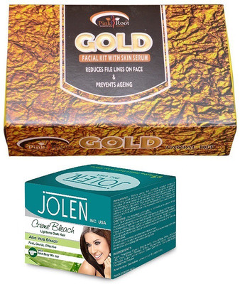 

Pink Root Mix Fruit Facial Kit 83gm and JOLEN Aloe Vera Bleach Crème 18g(Set of 2)
