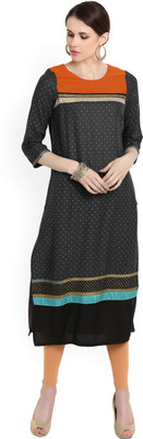 W Women Printed Straight Kurta(Grey)