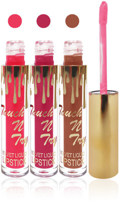 

Seven cosmetics makeup Touch n try velvet matte liquid lipstick enriched with vitamin E fashion color combo set of 3(orange pink,pink,l brown, 15 ml)