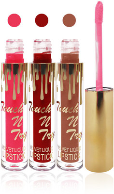 

Seven cosmetics makeup Touch n try velvet matte liquid lipstick enriched with vitamin E fashion color combo set of 3(orange pink,l brown,maroon, 15 ml)