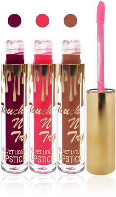 

Seven cosmetics makeup Touch n try velvet matte liquid lipstick enriched with vitamin E fashion color combo set of 3(orange,pink,l brown, 15 ml)