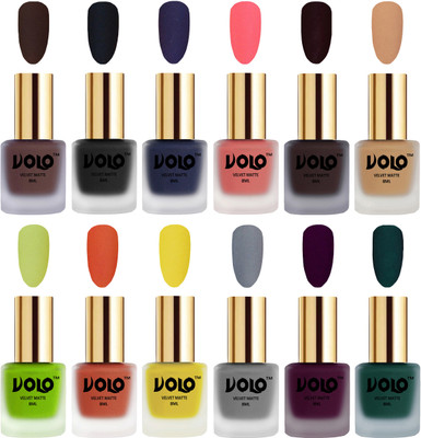 

Volo Velvet Dull Matte Bold Colors Nail Polish Combo in Wholesale Rate Chocolate Brown, Black, Russian Navy Blue, Dark Peach, Dark Wine, Skin Nude, Parrot Green, Orange, Yellow, Grey, Light Wine, Dark Green(Pack of 12)