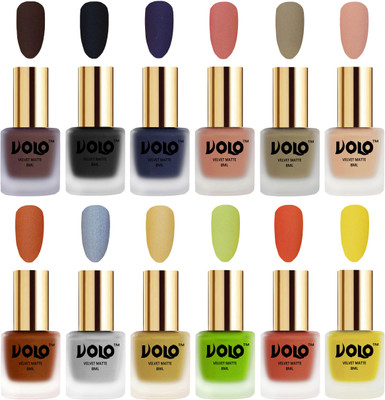 

Volo Velvet Dull Matte Bold Colors Nail Polish Combo in Wholesale Rate Chocolate Brown, Black, Russian Navy Blue, Light Peach, Sand Nude, Nude, Metallic Coral, Metallic Silver, Metallic Golden, Parrot Green, Orange, Yellow(Pack of 12)