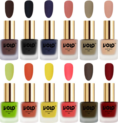 

Volo Velvet Dull Matte Bold Colors Nail Polish Combo in Wholesale Rate Chocolate Brown, Black, Russian Navy Blue, Light Peach, Sand Nude, Nude, Parrot Green, Orange, Yellow, Neon Orange, Olive Brown, Tomato Red(Pack of 12)