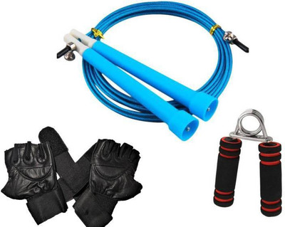 

RIGHTWAY FITNESS Combo of Leather gym glove, hand grip & high quality Speed rope Gym & Fitness Kit Freestyle Skipping Rope(Black, Red, Length: 18 inch), Blue