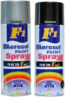 

Generox F1 Multipurpose Touchup Aerosol Spray Paint Matt Black + Silver Set of 2 Multicolor Spray Paint 450 ml(Pack of 2)