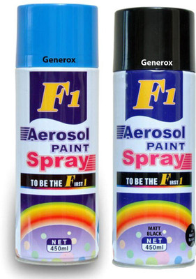

Generox F1 Multipurpose Touchup Aerosol Spray Paint Matt Black + Sky Blue Set of 2 Multicolor Spray Paint 450 ml(Pack of 2)
