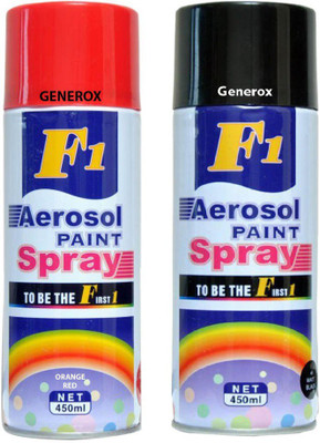 

Generox F1 Multipurpose Touchup Aerosol Spray Paint Gloss Black + Orange Red Set of 2 Multicolor Spray Paint 450 ml(Pack of 2)