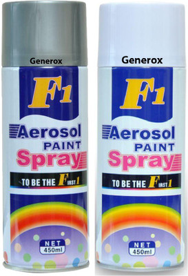 

Generox F1 Multipurpose Touchup Aerosol Spray Paint White + Silver Set of 2 Multicolor Spray Paint 450 ml(Pack of 2)