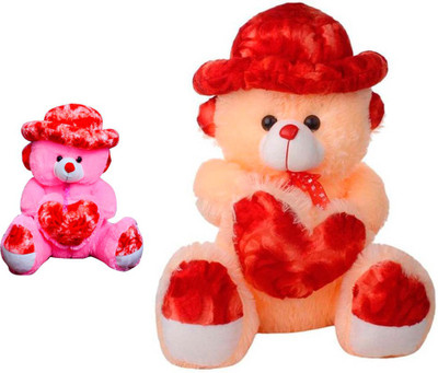 ATTRACTIVE 4 FEET SOFT CUTE SITTING CREAM CAP & HEART TEDDY BEAR WITH SMALL 1 FEET TEDDY BEAR FOR GIRLS  - 115 cm(CREAM/PINK)