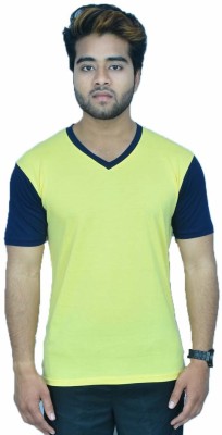 Himgiri International Solid Men V Neck Blue, Yellow T-Shirt