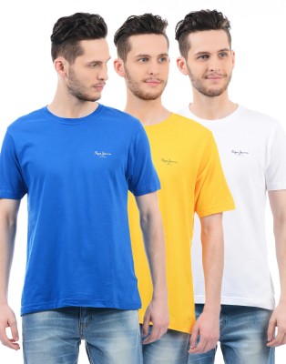Pepe Jeans Solid Men Round Neck White Blue Orange T-Shirt