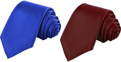 Qtsy Royal Blue And Maroon Satin Slim Solid Men Tie(Pack of 2)