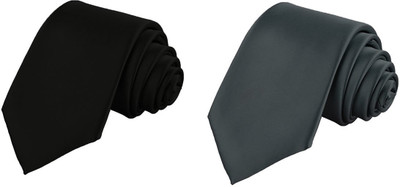Qtsy Black And Grey Satin Slim Solid Men Tie(Pack of 2)