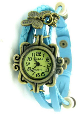 

Mettle Fancy L-Blue Leather Hand Knit Vintage Watches Dress bracelet Women Girls Ladies clover Pendant Retro.1801-BLU005 Watch - For Girls