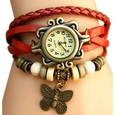 

Mettle Fancy Red Leather Hand Knit Vintage Watches Dress bracelet Women Girls Ladies clover Pendant Retro.1801-Red001 Watch - For Girls