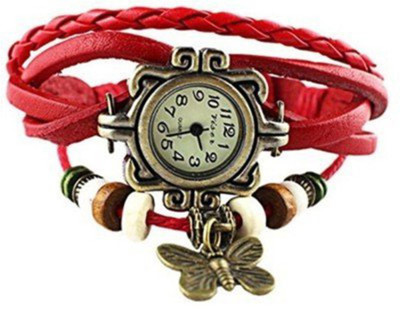 

Mettle Fancy Red Leather Hand Knit Vintage Watches Dress bracelet Women Girls Ladies clover Pendant Retro.1801-Red007 Watch - For Girls