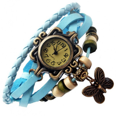 

Mettle Fancy L-Blue Leather Hand Knit Vintage Watches Dress bracelet Women Girls Ladies clover Pendant Retro.1801-BLU003 Watch - For Girls