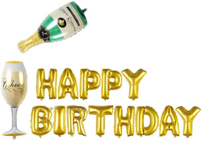 

Arvel Printed Champagne Bottle Gold Happy Birthday Balloon Bouquet(Gold, Pack of 14)