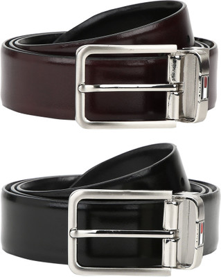 

Tommy Hilfiger Men Formal Black, Brown Genuine Leather Reversible Belt, Black/cherry