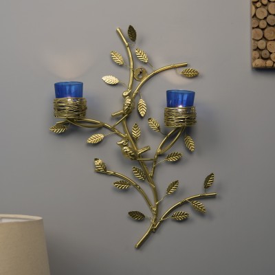 Homesake Golden Tree with Bird Nest Votive Stand Blue, Wall Candle Holder and Tealight Candles Glass, Iron 2 - Cup Tealight Holder(Gold, Blue, Pack of 1)