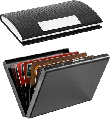 

OKASTA | High Quality | Combo of two | Black Metal Waterproof Full Black Matt ATM and Full Black Finish Business Purpose 1108 For ID Card / Credit-Debit Card / Money /Visiting 10 Card Holder(Set of 2, Black)