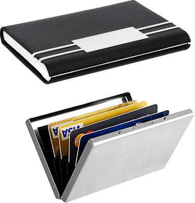 

OKASTA | High Quality | Combo of two | Trendy Waterproof Silver Plain ATM and Full Black Finish Business Purpose 1102 For ID Card / Credit-Debit Card / Money /Visiting 10 Card Holder(Set of 2, Multicolor)