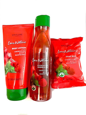 

Oriflame Sweden Love Nature Exfoliating Shower Gel Energising Mint & Raspberry, Love Nature Soap Bar, Love Nature Body Lotion(Set of 3)