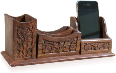 

Desi Karigar 1 Compartments Wooden Pen Stand Cum Mobile & Visiting Card Holder Carved Handicraft Gift Item(Brown)