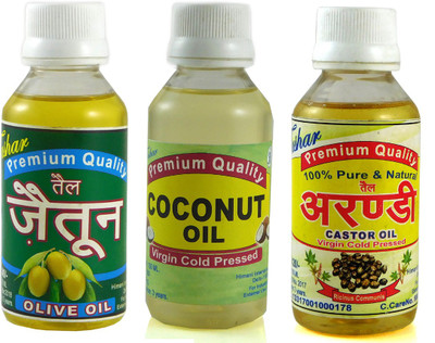 

Tushar 100% Premium Coconut oil, Olive Oil & Castor oil Combo of 3 bottles of 300ML Hair Oil(300 ml)
