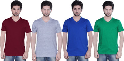zebu Solid Men V-neck Multicolor T-Shirt(Pack of 4)