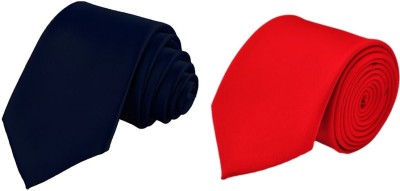 Qtsy Navy Blue And Red Satin Slim Solid Men Tie(Pack of 2)