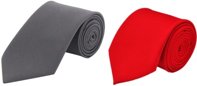 Qtsy Grey And Red Satin Slim Solid Men Tie(Pack of 2)