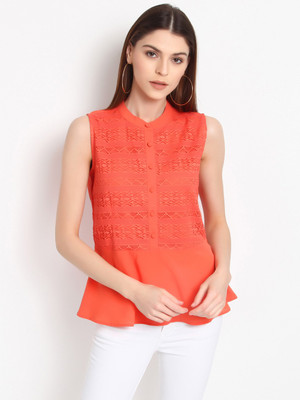 Rare Casual Sleeveless Solid Women Orange Top