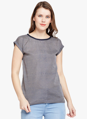 FineCreations Casual Cap Sleeve Printed Women Light Blue Top