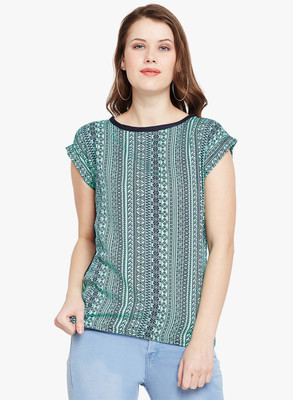 FineCreations Casual Cap Sleeve Printed Women Green Top