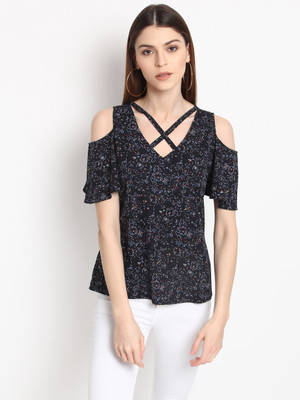 Rare Casual Half Sleeve Printed Women Blue Top